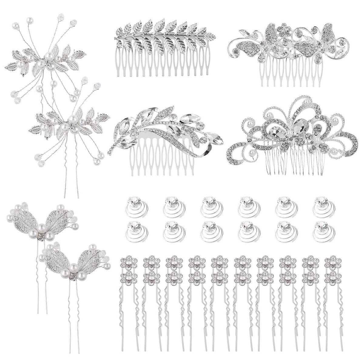 Cinaci 40-Piece Silver Rhinestone Butterfly Leaf Flower Bridal Hair Combs and Pins Set Avelisse