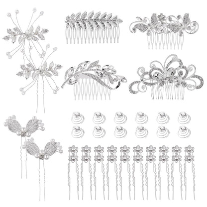 Cinaci 40-Piece Silver Rhinestone Butterfly Leaf Flower Bridal Hair Combs and Pins Set Avelisse