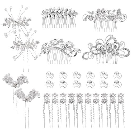 Cinaci 40-Piece Silver Rhinestone Butterfly Leaf Flower Bridal Hair Combs and Pins Set Avelisse
