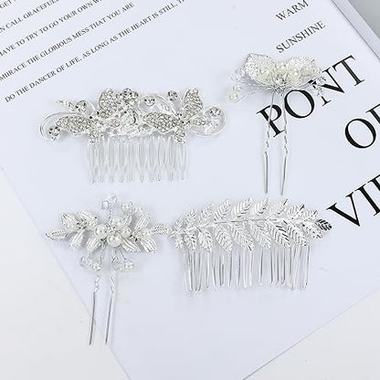 Cinaci 40-Piece Silver Rhinestone Butterfly Leaf Flower Bridal Hair Combs and Pins Set Avelisse