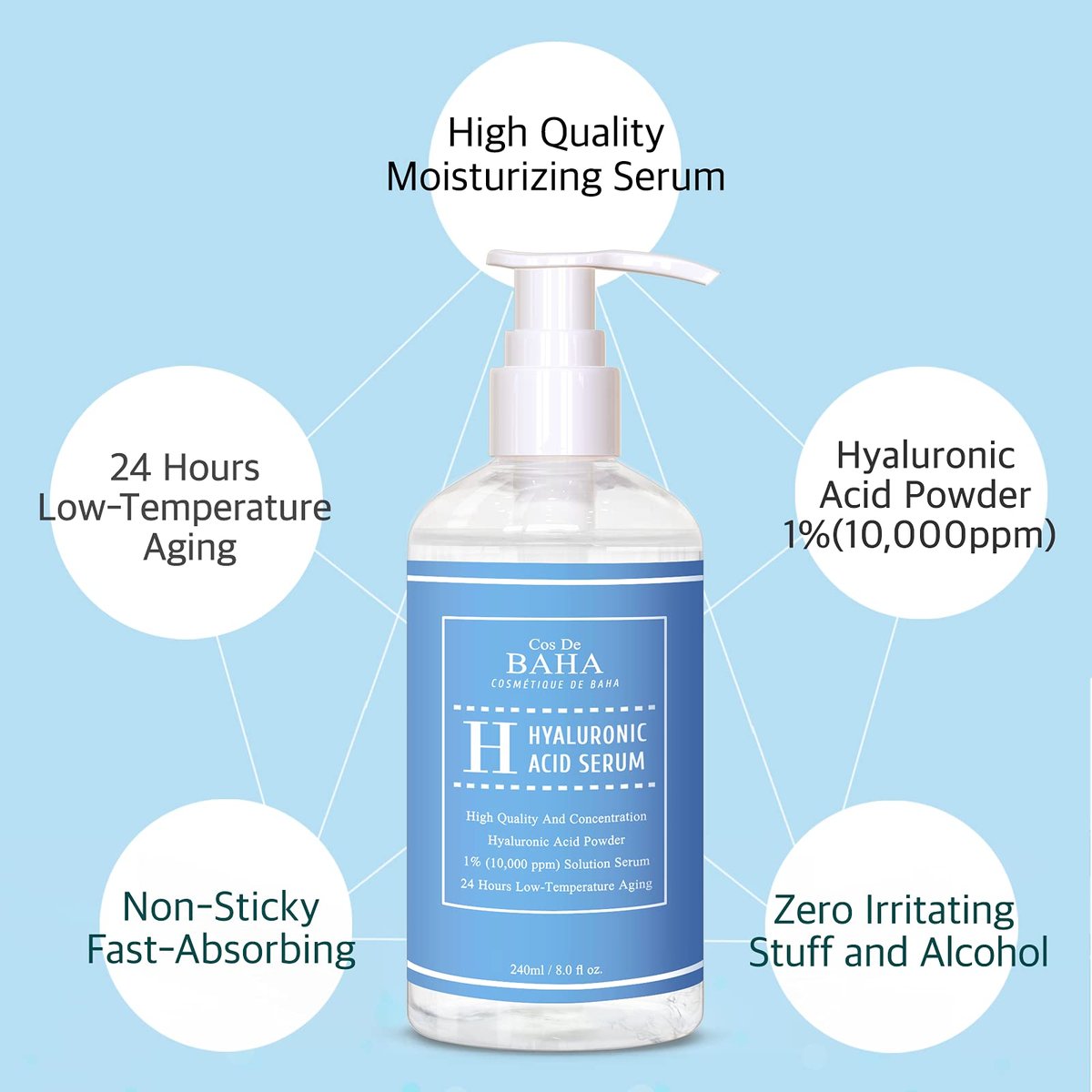 Cos De BAHA Hyaluronic Serum 8 Fl Oz – Pure Sodium Hyaluronate 10,000 ppm Hydrating Face Serum for Dry & Dehydrated Skin – Lightweight Fragrance-Free Korean Skincare Formula Avelisse