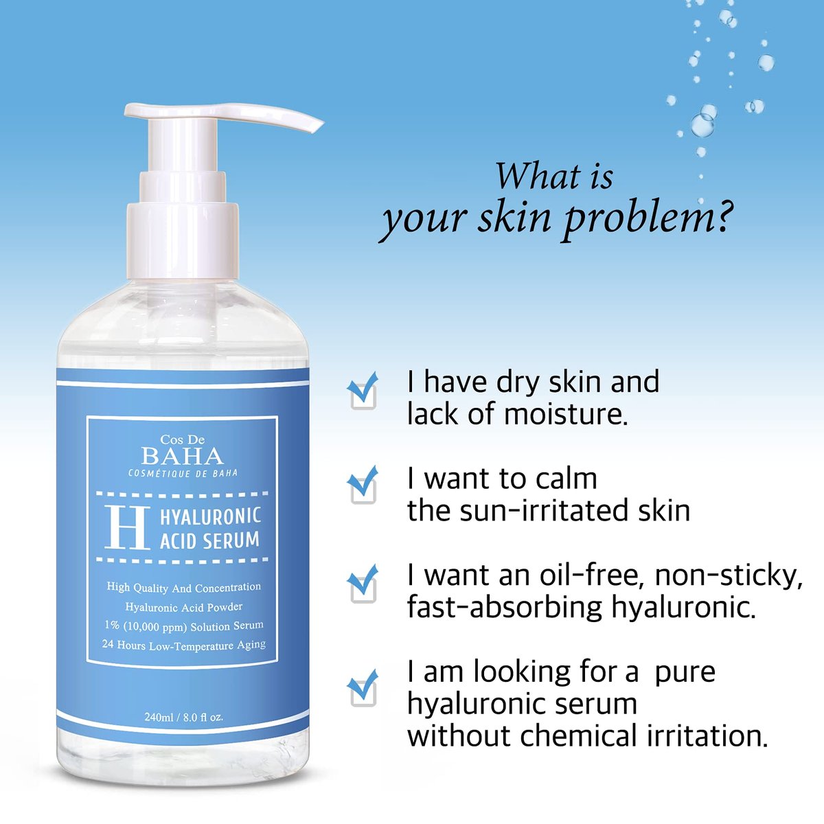 Cos De BAHA Hyaluronic Serum 8 Fl Oz – Pure Sodium Hyaluronate 10,000 ppm Hydrating Face Serum for Dry & Dehydrated Skin – Lightweight Fragrance-Free Korean Skincare Formula Avelisse