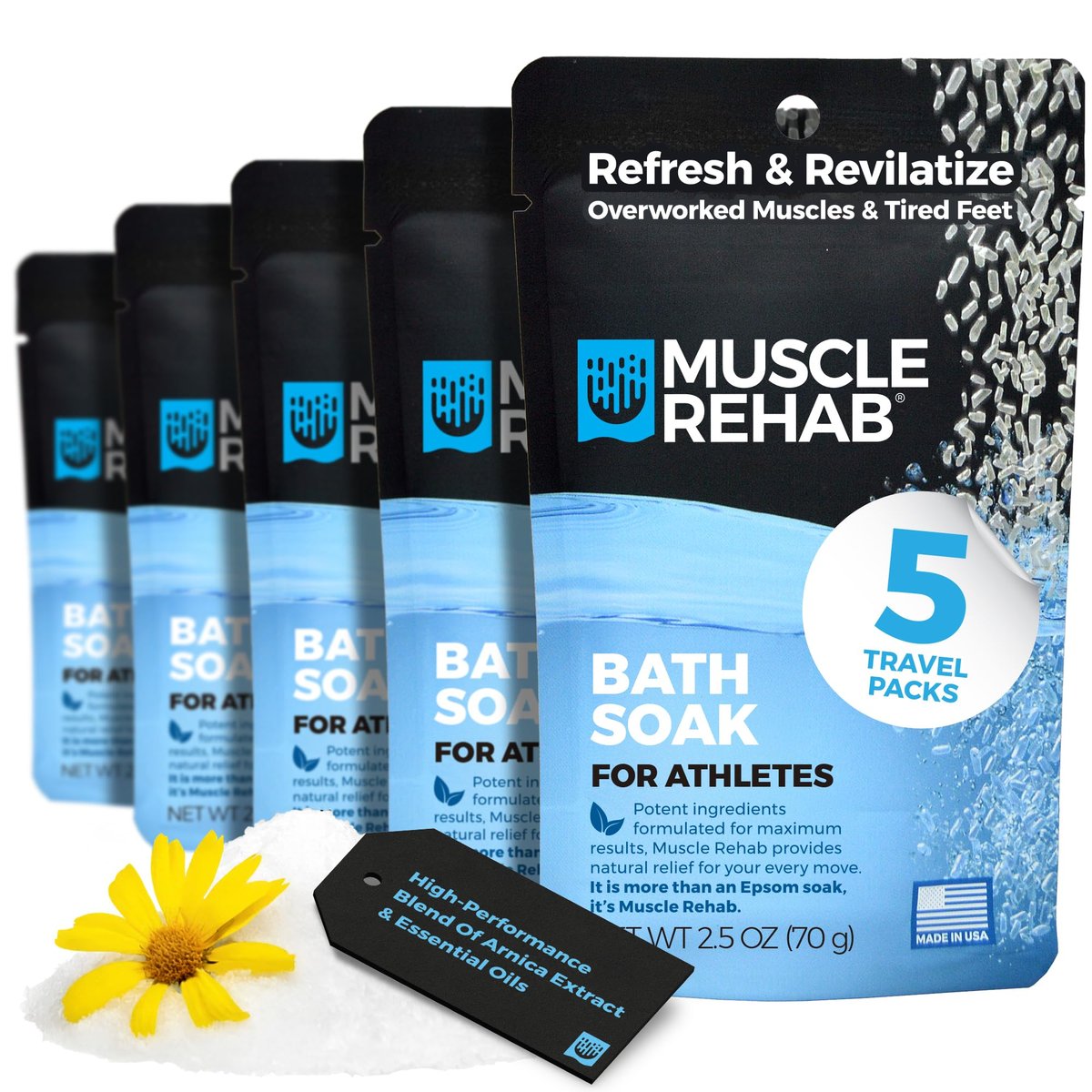 Muscle Rehab Epsom Salt Bath Soak 5 Travel Packets – Arnica & Magnesium for Muscle Pain Relief, Portable Foot Soak for Athletes & Active Recovery Avelisse
