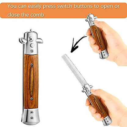 Chengu 2-Piece Wood Grain Switchblade Comb Set - Automatic Push Button & Folding Butterfly Hair Brushes for Men and Women (Black) Avelisse