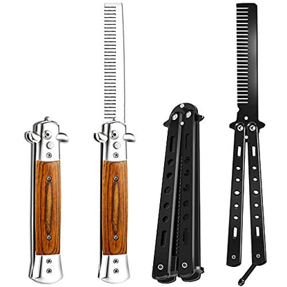 Chengu 2-Piece Wood Grain Switchblade Comb Set - Automatic Push Button & Folding Butterfly Hair Brushes for Men and Women (Black) Avelisse