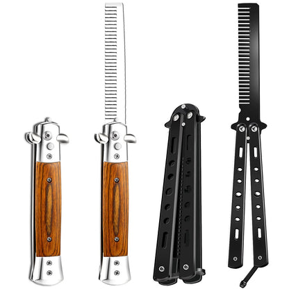 Chengu 2-Piece Wood Grain Switchblade Comb Set - Automatic Push Button & Folding Butterfly Hair Brushes for Men and Women (Black) Avelisse