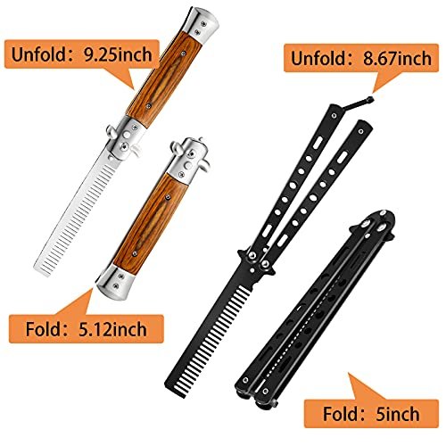 Chengu 2-Piece Wood Grain Switchblade Comb Set - Automatic Push Button & Folding Butterfly Hair Brushes for Men and Women (Black) Avelisse