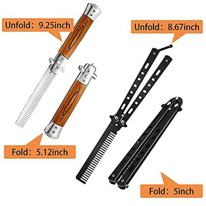 Chengu 2-Piece Wood Grain Switchblade Comb Set - Automatic Push Button & Folding Butterfly Hair Brushes for Men and Women (Black) Avelisse