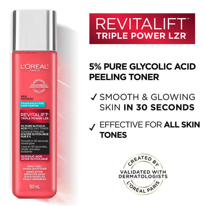 L'Oreal Paris Revitalift 5% Pure Glycolic Acid Peeling Toner with Aloe Vera, Alcohol Free, Fragrance Free, 6 fl oz Avelisse