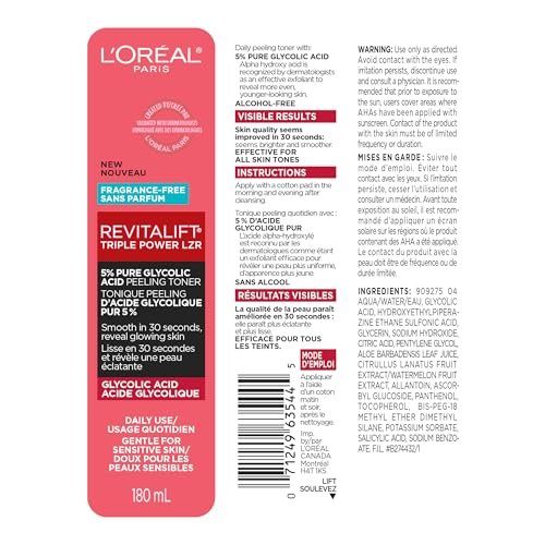 L'Oreal Paris Revitalift 5% Pure Glycolic Acid Peeling Toner with Aloe Vera, Alcohol Free, Fragrance Free, 6 fl oz Avelisse