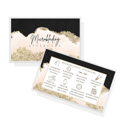 Microblading Aftercare Cards | 50 Pack | 2x3.5 Inches | PMU Pink, Black, and Gold Design by Boutique Marketing LLC