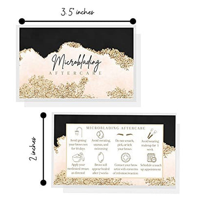 Microblading Aftercare Cards | 50 Pack | 2x3.5 Inches | PMU Pink, Black, and Gold Design by Boutique Marketing LLC