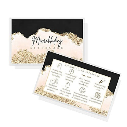 Microblading Aftercare Cards | 50 Pack | 2x3.5 Inches | PMU Pink, Black, and Gold Design by Boutique Marketing LLC