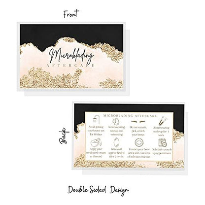 Microblading Aftercare Cards | 50 Pack | 2x3.5 Inches | PMU Pink, Black, and Gold Design by Boutique Marketing LLC