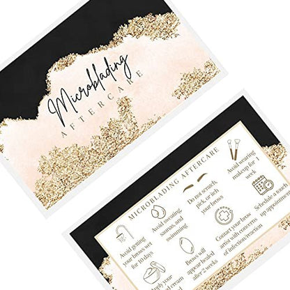 Microblading Aftercare Cards | 50 Pack | 2x3.5 Inches | PMU Pink, Black, and Gold Design by Boutique Marketing LLC