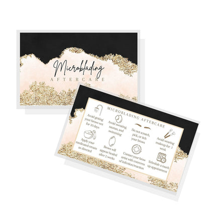 Microblading Aftercare Cards | 50 Pack | 2x3.5 Inches | PMU Pink, Black, and Gold Design by Boutique Marketing LLC