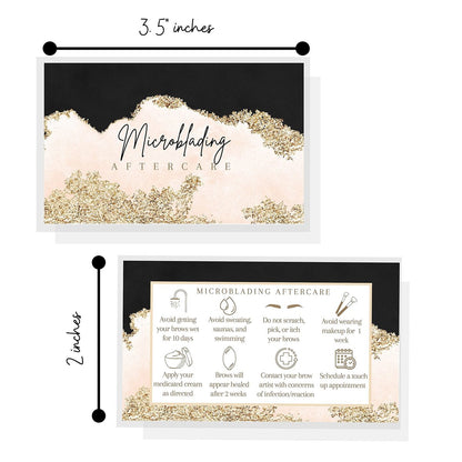 Microblading Aftercare Cards | 50 Pack | 2x3.5 Inches | PMU Pink, Black, and Gold Design by Boutique Marketing LLC
