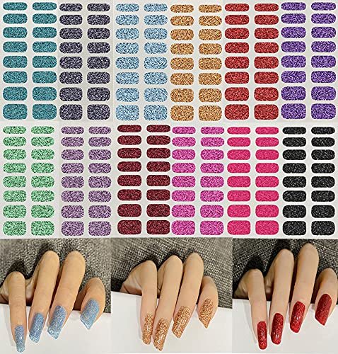 12 Sheets Glitter Nail Wraps - Solid Color Nail Polish Strips, Self-Adhesive Nail Art Stickers for Women & Girls - Shiny Manicure Tips Decor (D21) - görsel 2