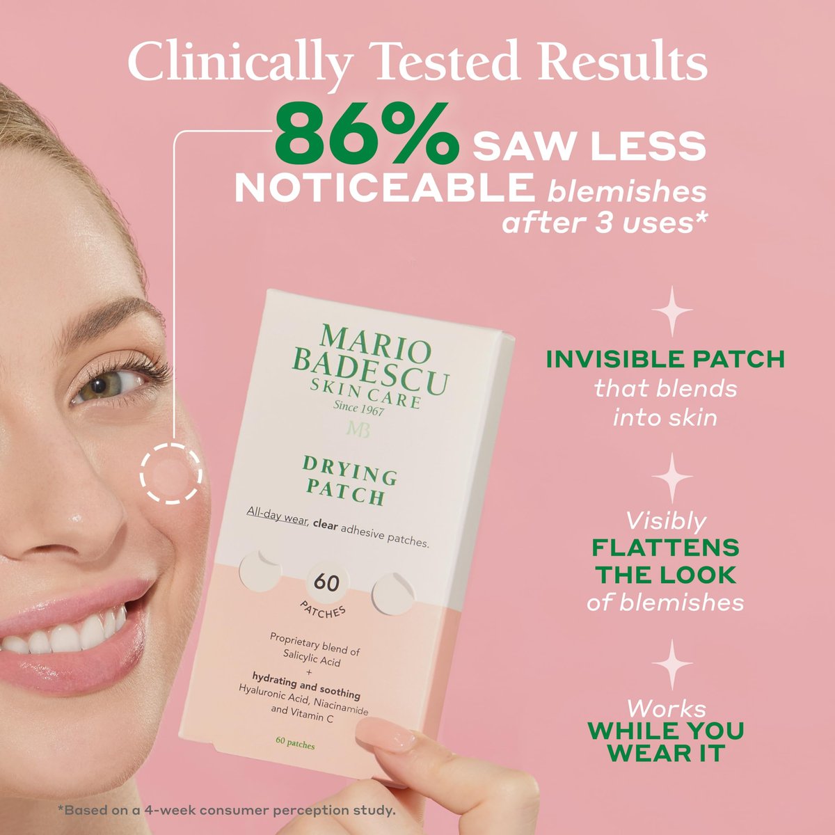 Mario Badescu Drying Patch Blemish Covering - Invisible Spot Treatment with Vitamin C, Vegan & Cruelty Free, Strong Hold (60 Patches, 12mm), Clear Avelisse