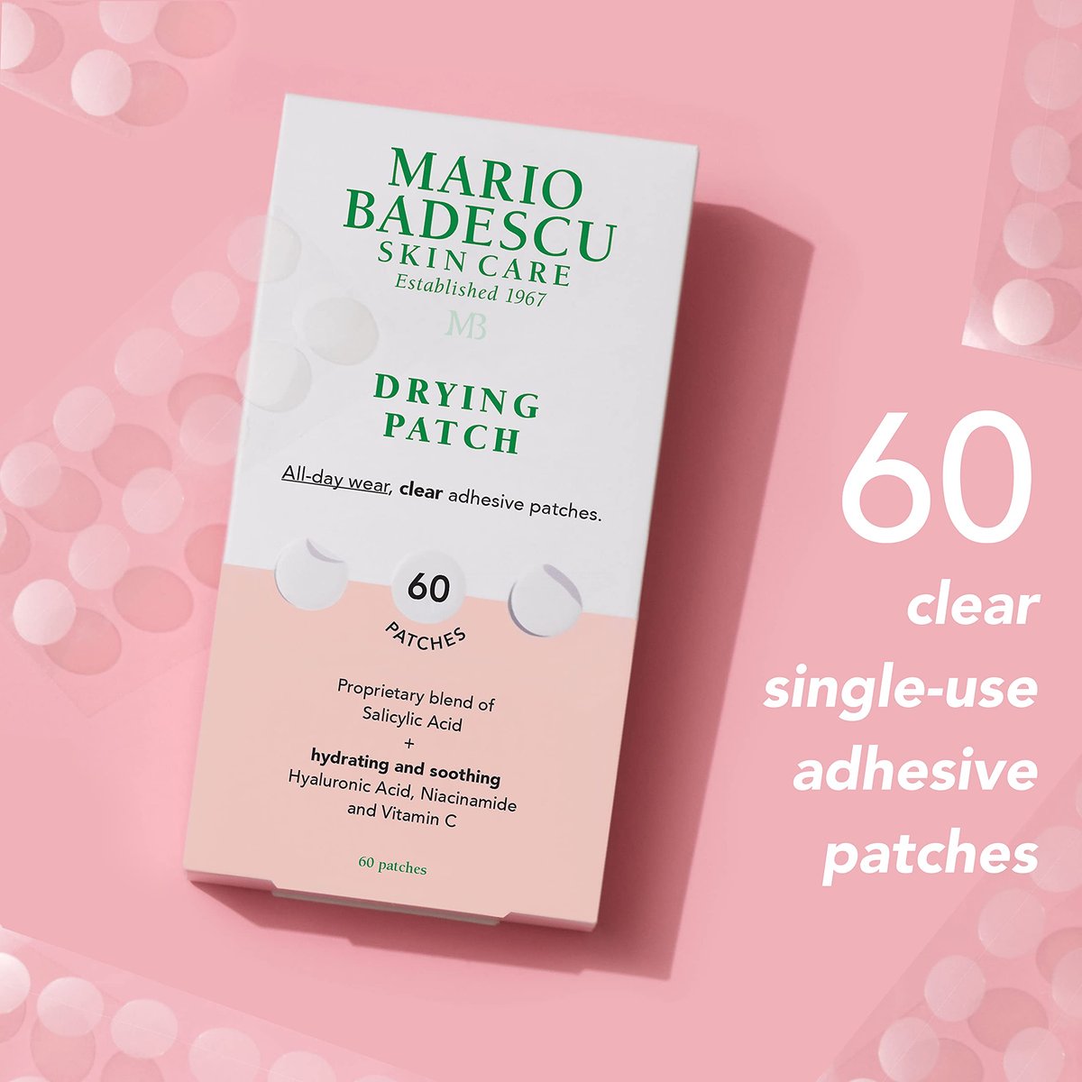 Mario Badescu Drying Patch Blemish Covering - Invisible Spot Treatment with Vitamin C, Vegan & Cruelty Free, Strong Hold (60 Patches, 12mm), Clear Avelisse
