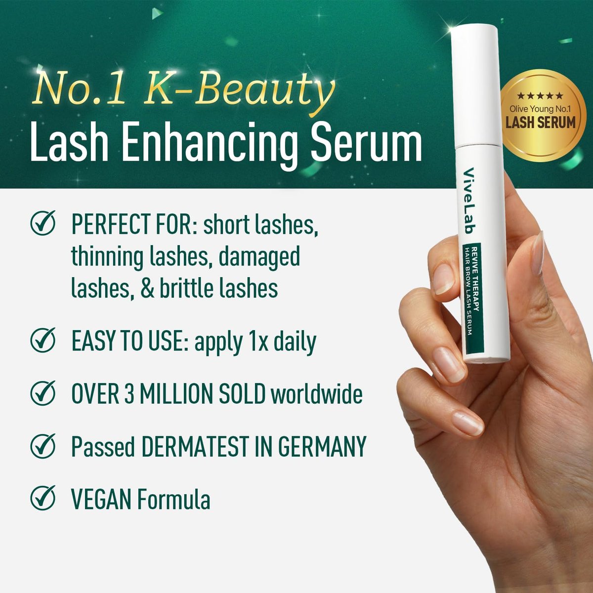 ViveLab Revive Therapy Serum – Natural Eyelash & Eyebrow Enhancer for Thicker Lashes and Brows – Korean Dermatologist-Conceived Hypoallergenic Growth Kit Avelisse