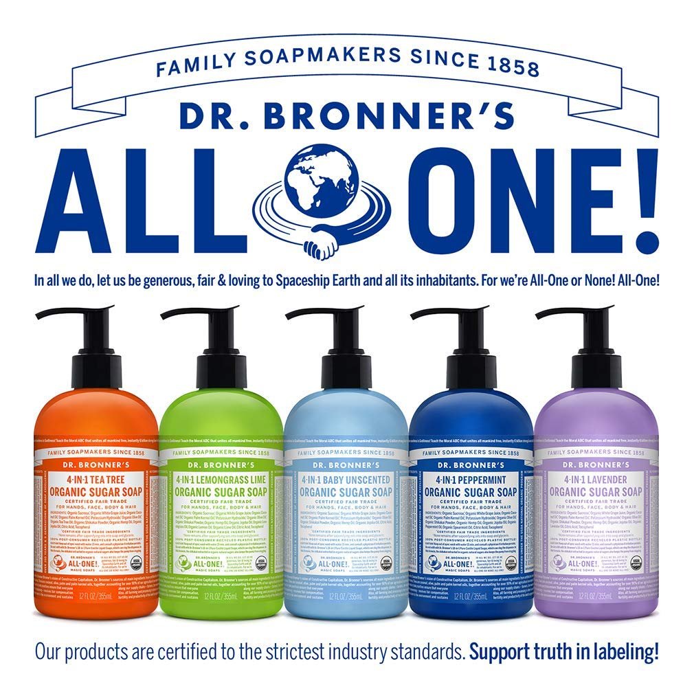 Dr. Bronner's Organic Sugar Soap Variety Pack - 12 oz, 4 Count: Lavender, Peppermint, Tea Tree, & Lemongrass - 4-in-1 Use for Hands, Body, Face & Hair Avelisse
