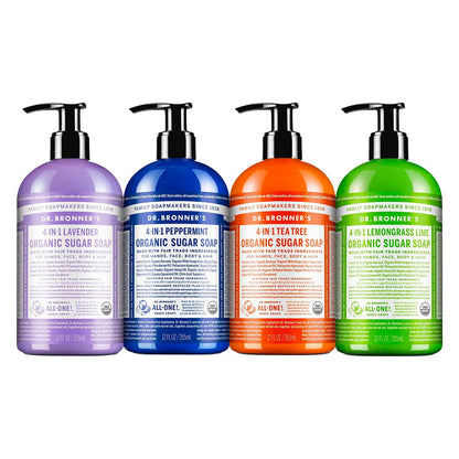 Dr. Bronner's Organic Sugar Soap Variety Pack - 12 oz, 4 Count: Lavender, Peppermint, Tea Tree, & Lemongrass - 4-in-1 Use for Hands, Body, Face & Hair Avelisse