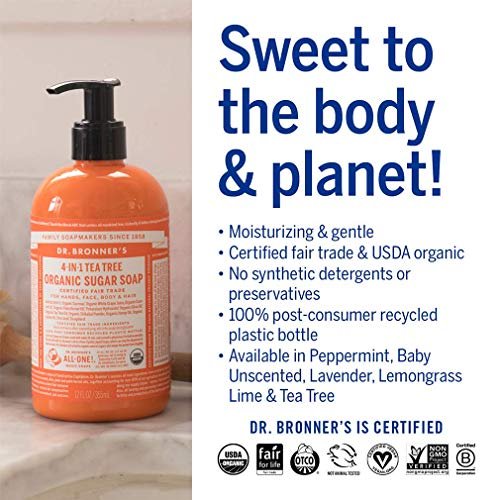 Dr. Bronner's Organic Sugar Soap Variety Pack - 12 oz, 4 Count: Lavender, Peppermint, Tea Tree, & Lemongrass - 4-in-1 Use for Hands, Body, Face & Hair Avelisse