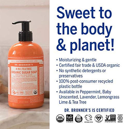 Dr. Bronner's Organic Sugar Soap Variety Pack - 12 oz, 4 Count: Lavender, Peppermint, Tea Tree, & Lemongrass - 4-in-1 Use for Hands, Body, Face & Hair Avelisse