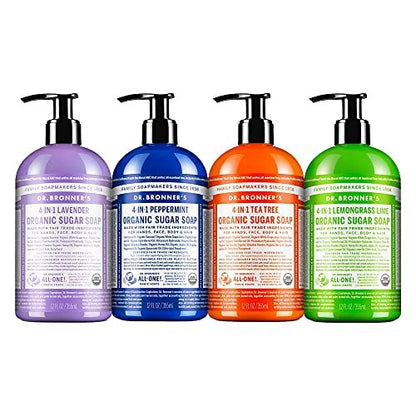Dr. Bronner's Organic Sugar Soap Variety Pack - 12 oz, 4 Count: Lavender, Peppermint, Tea Tree, & Lemongrass - 4-in-1 Use for Hands, Body, Face & Hair Avelisse