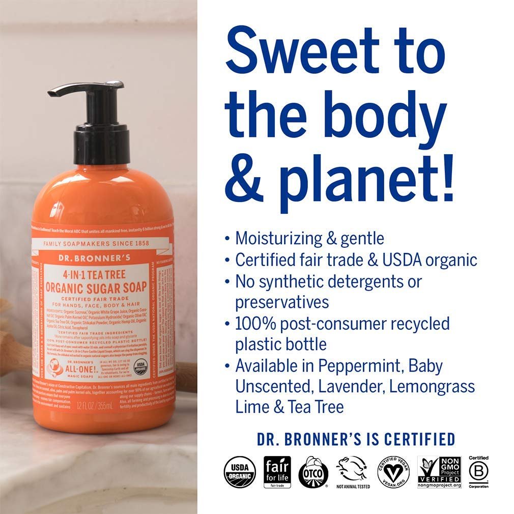 Dr. Bronner's Organic Sugar Soap Variety Pack - 12 oz, 4 Count: Lavender, Peppermint, Tea Tree, & Lemongrass - 4-in-1 Use for Hands, Body, Face & Hair Avelisse