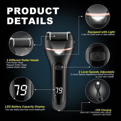 Electric Foot Callus Remover with 3 Roller Heads, 2 Speeds, Rechargeable - Professional Pedicure Kit for Dead, Hard, Cracked, Dry Skin - OTAZWA
