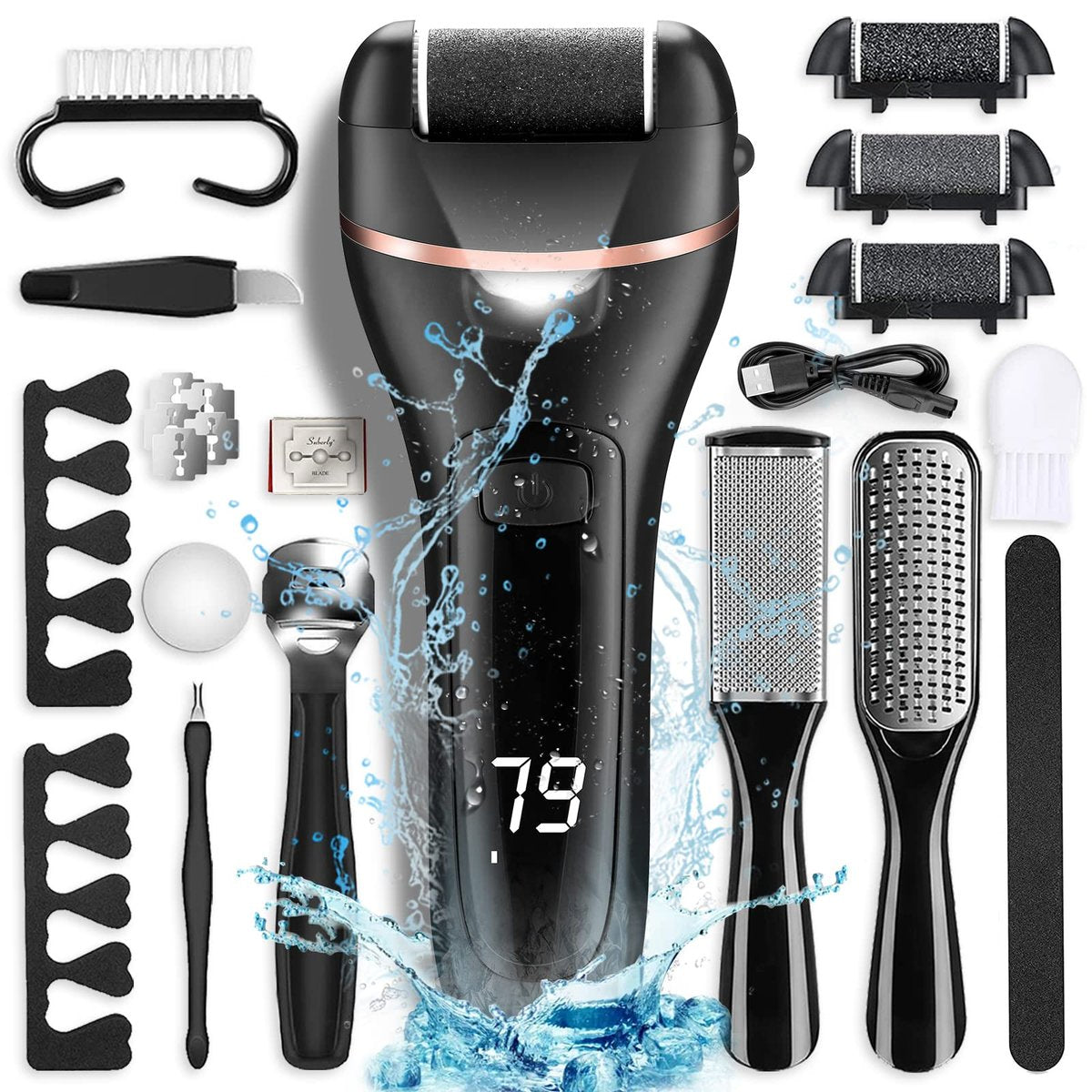 Electric Foot Callus Remover with 3 Roller Heads, 2 Speeds, Rechargeable - Professional Pedicure Kit for Dead, Hard, Cracked, Dry Skin - OTAZWA - görsel 1