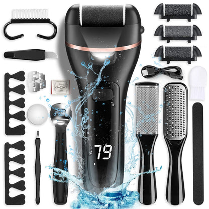 Electric Foot Callus Remover with 3 Roller Heads, 2 Speeds, Rechargeable - Professional Pedicure Kit for Dead, Hard, Cracked, Dry Skin - OTAZWA