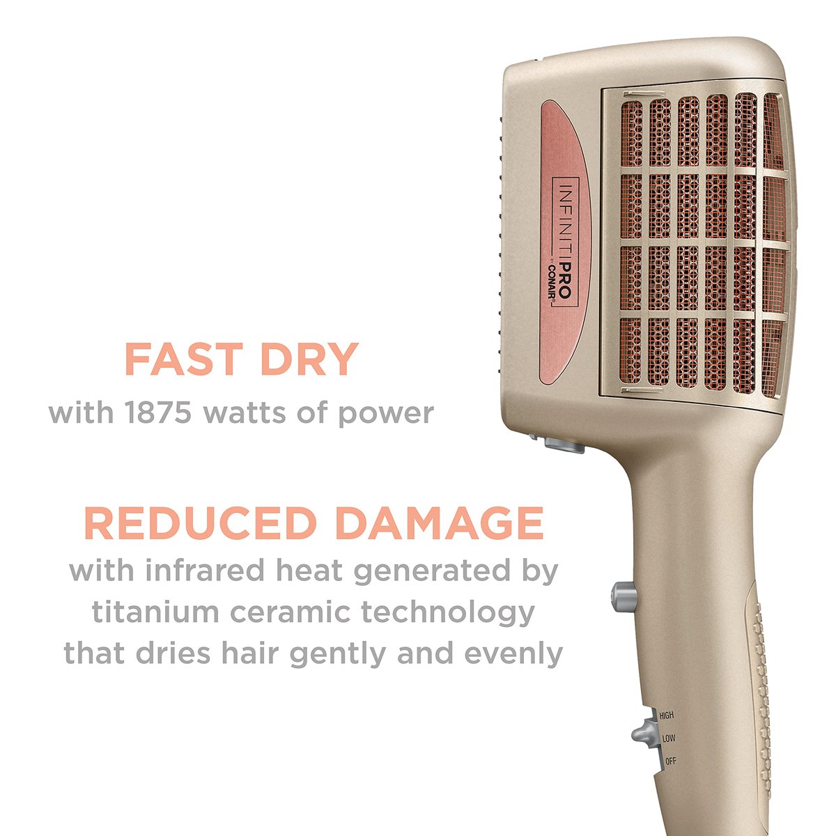 INFINITIPRO BY CONAIR 4-in-1 Frizz Free Styling Hair Dryer, 1875W with 4 Attachments, Champagne/Rose Gold, 5 Piece Set Avelisse
