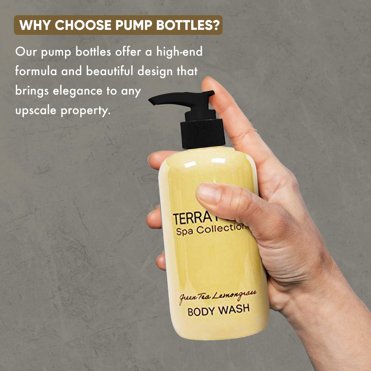 Terra Pure Spa Collection Amenities Set - Shampoo, Conditioner, Hand/Body Wash, and Lotion - 10.14 oz Pumps (Pack of 4) Avelisse