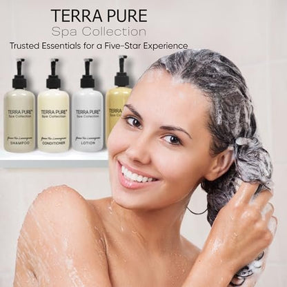 Terra Pure Spa Collection Amenities Set - Shampoo, Conditioner, Hand/Body Wash, and Lotion - 10.14 oz Pumps (Pack of 4) Avelisse