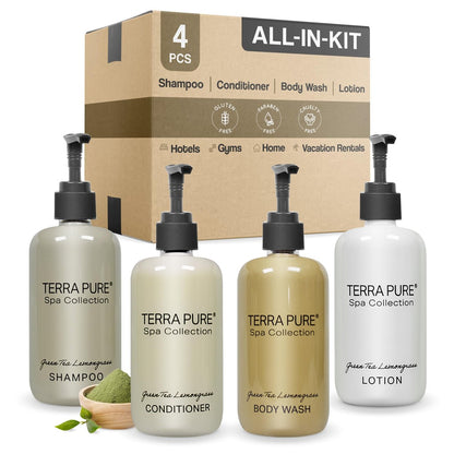 Terra Pure Spa Collection Amenities Set - Shampoo, Conditioner, Hand/Body Wash, and Lotion - 10.14 oz Pumps (Pack of 4) Avelisse
