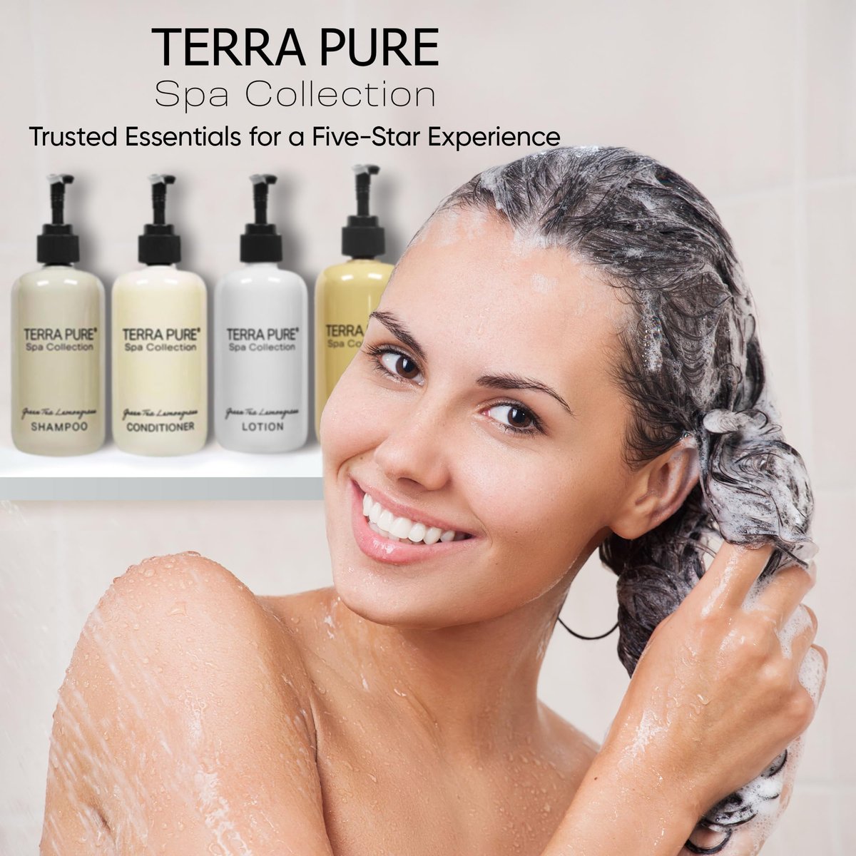 Terra Pure Spa Collection Amenities Set - Shampoo, Conditioner, Hand/Body Wash, and Lotion - 10.14 oz Pumps (Pack of 4) Avelisse