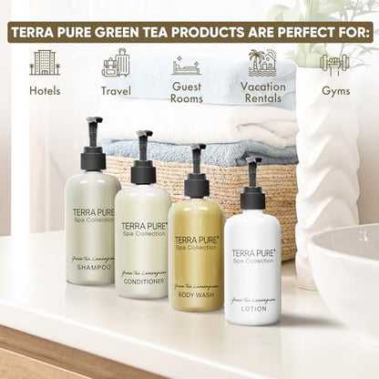 Terra Pure Spa Collection Amenities Set - Shampoo, Conditioner, Hand/Body Wash, and Lotion - 10.14 oz Pumps (Pack of 4) Avelisse