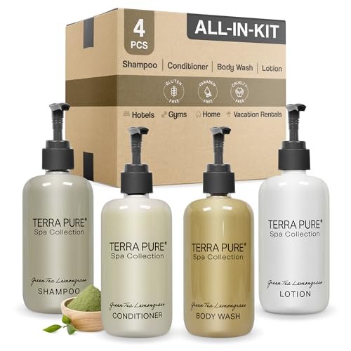 Terra Pure Spa Collection Amenities Set - Shampoo, Conditioner, Hand/Body Wash, and Lotion - 10.14 oz Pumps (Pack of 4) Avelisse