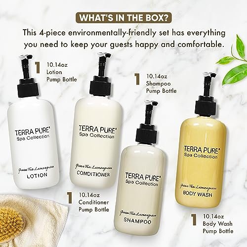 Terra Pure Spa Collection Amenities Set - Shampoo, Conditioner, Hand/Body Wash, and Lotion - 10.14 oz Pumps (Pack of 4) Avelisse