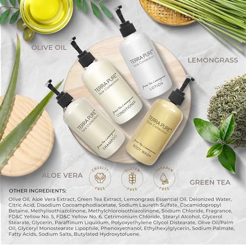 Terra Pure Spa Collection Amenities Set - Shampoo, Conditioner, Hand/Body Wash, and Lotion - 10.14 oz Pumps (Pack of 4) Avelisse