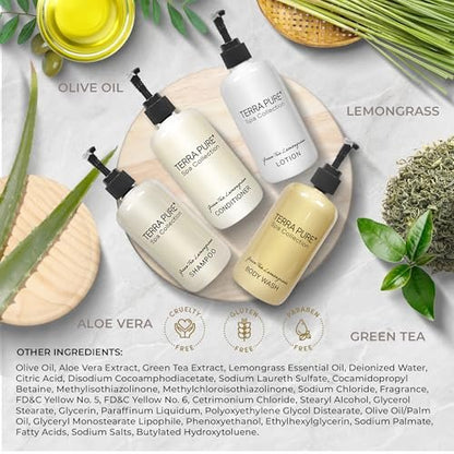 Terra Pure Spa Collection Amenities Set - Shampoo, Conditioner, Hand/Body Wash, and Lotion - 10.14 oz Pumps (Pack of 4) Avelisse
