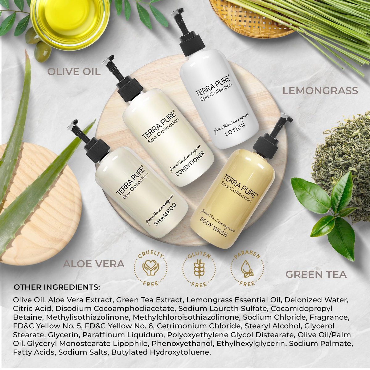 Terra Pure Spa Collection Amenities Set - Shampoo, Conditioner, Hand/Body Wash, and Lotion - 10.14 oz Pumps (Pack of 4) Avelisse