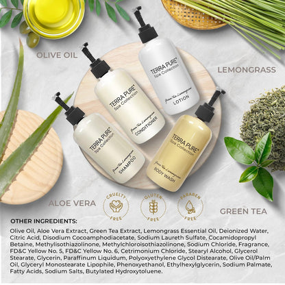 Terra Pure Spa Collection Amenities Set - Shampoo, Conditioner, Hand/Body Wash, and Lotion - 10.14 oz Pumps (Pack of 4) Avelisse