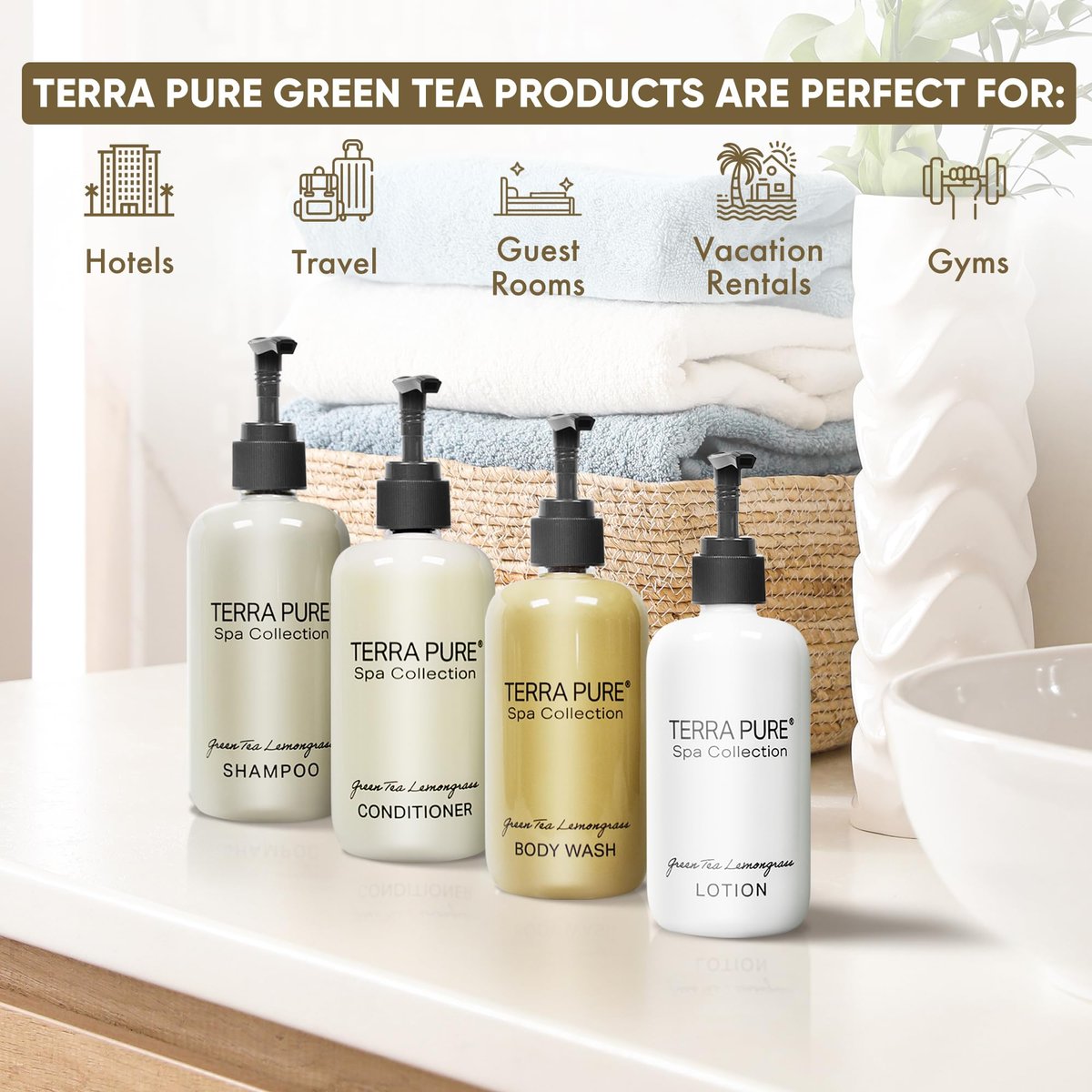 Terra Pure Spa Collection Amenities Set - Shampoo, Conditioner, Hand/Body Wash, and Lotion - 10.14 oz Pumps (Pack of 4) Avelisse