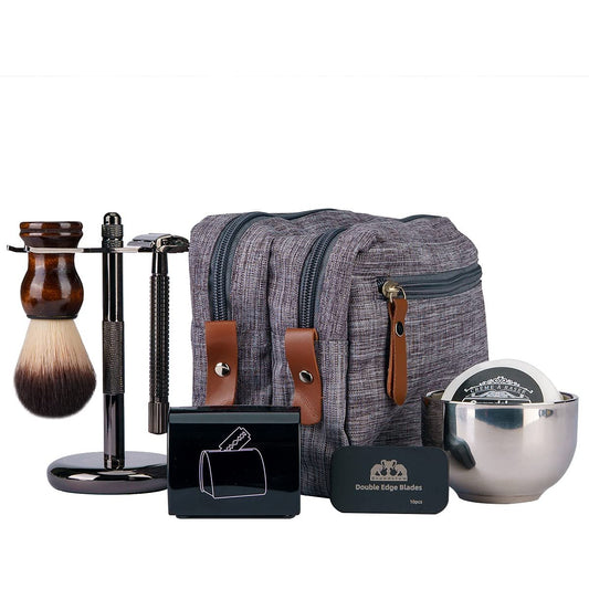 Grandslam Shaving Kit for Men – Complete Safety Razor Set with Stand, Brush, Soap, and Dopp Kit (Gunmetal)