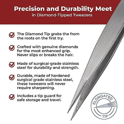 Professional Diamond Tip Splinter Tweezer - World's Best Tweezers, Silver Stainless Steel & Glass Avelisse