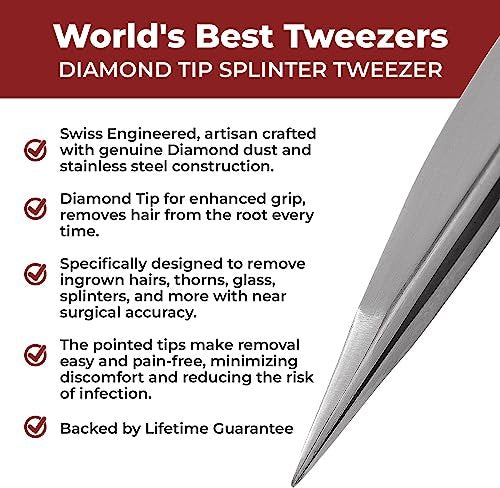 Professional Diamond Tip Splinter Tweezer - World's Best Tweezers, Silver Stainless Steel & Glass Avelisse